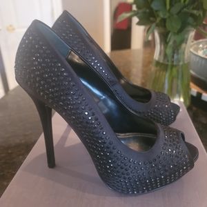JLO Black Embellished High Heel Peeptoe Pumps sz 6.5